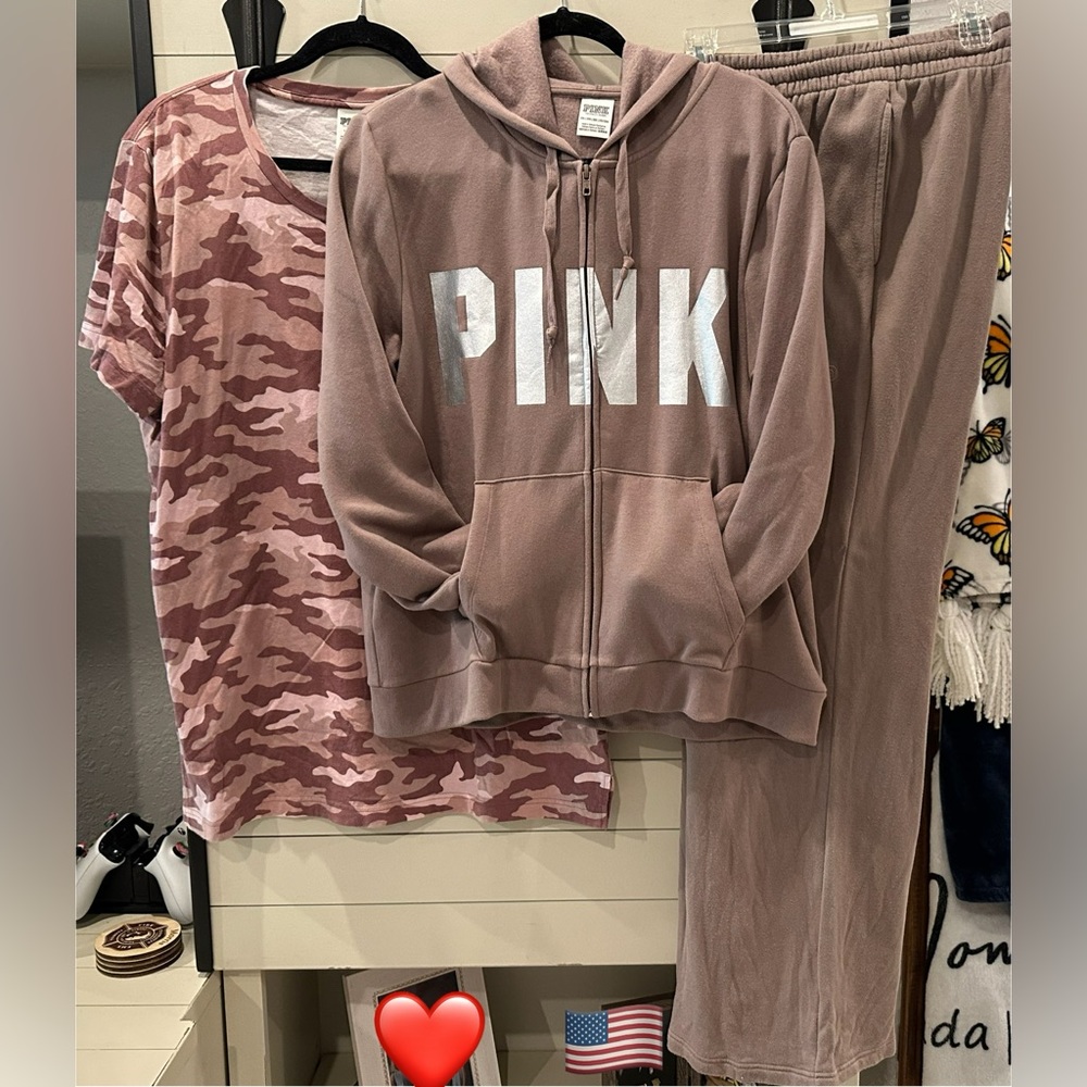 Victoria’s Secret PINK Logo Zip Hoodie, Sweatpants, & Camo Tee Set Sz. L XL XXL
